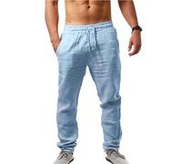 Pantaloni da uomo in cotone e lino, vestibilità ampia con tasche, pantaloni con coulisse, comodi, leggeri, casual, estivi, traspiranti, leggeri, per attività all'aperto, escursioni, vacanze, tutti i