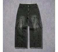 Pantaloni da uomo in denim nero lavato con design a patchwork con spine e bordi grezzi, gamba dritta e ampia L,M,S,XL,XS,XXLColore unicoDenim
