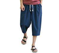 Pantaloni da uomo in lino, lunghezza 3/4, pantaloni da uomo in lino con elastico in vita, pantaloncini estivi da spiaggia, pantaloni corti corti casual larghi harem pantaloni leggeri traspiranti