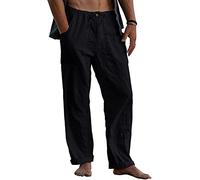 Pantaloni da Uomo in Lino Taglie Forti Pantaloni in Lino di Cotone Larghi con Coulisse in Vita Tinta Unita con Tasche Nero 4XL