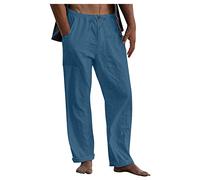 Pantaloni da Uomo in Lino Taglie Forti Pantaloni in Lino di Cotone Larghi con Coulisse in Vita Tinta Unita con Tasche Blu Cielo 1 4XL