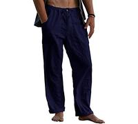 Pantaloni da Uomo in Lino Taglie Forti Pantaloni in Lino di Cotone Larghi con Coulisse in Vita Tinta Unita con Tasche Blu Scuro 5XL