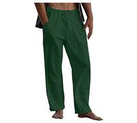 Pantaloni da Uomo in Lino Taglie Forti Pantaloni in Lino di Cotone Larghi con Coulisse in Vita Tinta Unita con Tasche Verde Scuro 1 4XL