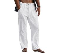 Pantaloni da Uomo in Lino Taglie Forti Pantaloni in Lino di Cotone Larghi con Coulisse in Vita Tinta Unita con Tasche Bianco 5XL