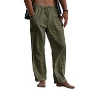 Pantaloni da Uomo in Lino Taglie Forti Pantaloni in Lino di Cotone Larghi con Coulisse in Vita Tinta Unita con Tasche Verde Militare 4XL