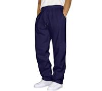 Pantaloni da uomo in lino, tinta unita, lunghi, leggeri, elasticizzati, per il tempo libero, con coulisse, per vacanze, spiaggia, tutti i giorni, da uomo, #1-blu marino, 3XL