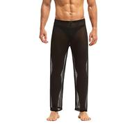 Pantaloni da uomo in rete trasparente, biancheria da notte da uomo, biancheria intima in nylon, pantaloni da uomo, in rete trasparente, pantaloni lunghi Sheer Pant da uomo, Nero , L