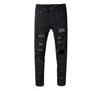 Pantaloni da uomo slim skinny in denim elasticizzato nero con patch patchwork con strass di cristallo strappati, Nero , 31 W