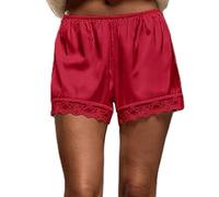 Pantaloni del pigiama da donna in raso elastico in vita con finiture in pizzo mutandine da salotto in seta mini pantaloncini francesi slip boxer, Rosso, M