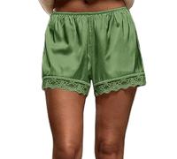 Pantaloni del pigiama da donna in raso elastico in vita con finiture in pizzo mutandine da salotto in seta mini pantaloncini francesi slip boxer, Verde, M