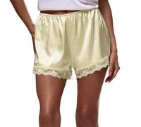 Pantaloni del pigiama da donna in raso elastico in vita con finiture in pizzo mutandine da salotto in seta mini pantaloncini francesi slip boxer, Giallo, M