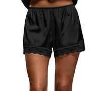 Pantaloni del pigiama da donna in raso elastico in vita con finiture in pizzo mutandine da salotto in seta mini pantaloncini francesi slip boxer, Nero , L