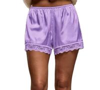 Pantaloni del pigiama da donna in raso elastico in vita con finiture in pizzo mutandine da salotto in seta mini pantaloncini francesi slip boxer, Viola, S