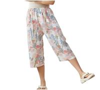 Pantaloni del pigiama estivi da donna, morbidi pantaloni Capri a 3/4 con stampa floreale, elastico in vita, comodi indumenti da notte da notte, taglia L-3XL, #02 Bianco, XXL