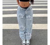 Pantaloni di jeans a gamba dritta da donna in stile casual e da strada alla moda con toppe a stella, per la primavera, stile europeo e americano L,M,S,XLDenim