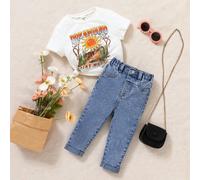 Pantaloni di jeans casual alla moda con vita con bottoni e gamba dritta per bambine, jeans carini per il ritorno a scuola in autunno 6-9M,9-12M,12-18M,18-24M,2-3YLettere,Colore unico,PianteDenim