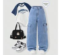Pantaloni di jeans per ragazzi pre-adolescenti, stile workwear da strada, lavaggio medio blu, gamba dritta ampia, tasche grandi, vita elastica, in comodo cotone premium, abbigliamento di base per la s