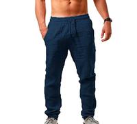 Pantaloni di Lino da Uomo Cotone E Lino Comodo Pantalone Lungo Leggero Estivi Larghi Pantalone con Coulisse Loose Fit Vacanza Pantaloni Yoga Traspirante Gamba Dritta con Tasche Pantaloni Baggy