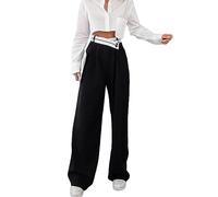 Pantaloni Donna Comodi,Pantaloni A Gamba Larga da Donna Moda Nero Colore A Contrasto Bottone Frontale con Cerniera Pantaloni A Palazzo A Vita Alta Pantaloni Casual da Ufficio da Donna Pantaloni Form