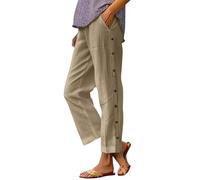 Pantaloni Donna Cotone Lino Fluido Estate Leggero Casual Pantaloni Design Bottoni laterali Moda Chic ed Elegante Confortevole Sciolto Colore Puro Pantaloni da Spiaggia con Tasche, cachi., M
