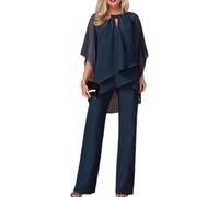 Pantaloni Donna Due Pezzi Tendenza Moda Camicia Chiffon e Pantaloni Tailleur Elegante retrò fluente Abiti da Cena Abiti da Cocktail Ospiti di Nozze (Blu Navy,XXL)