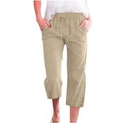 Pantaloni Donna Estivi Comodi Cotone E Lino Larghi Leggeri 3/4 Pinocchietti Elegante Bermuda Casual con Tasca Vita Alta Cropped Capri Sportivi Coulisse Regolabile Pantalone Tuta Pants Yoga Jogger