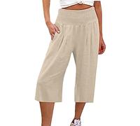 Pantaloni Donna Estivi Comodi Larghi Cotone E Lino Pinocchietti Elegante Leggeri 3/4 Bermuda Vita Alta con Tasca Capri Casual Cropped Tuta Sportivi Pantalone Estivo Yoga Jogger