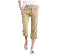 Pantaloni Donna Estivi Comodi Larghi Cotone E Lino Pinocchietti Elegante Leggeri 3/4 Capri con Tasca Bermuda Vita Alta Casual Cropped Pantalone Sportivi Tuta Coulisse Regolabile Pants Estivo Yoga
