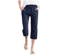 Pantaloni Donna Estivi Cotone E Lino Larghi Comodi Leggeri 3/4 Pinocchietti Elegante Cropped Bermuda Casual Vita Alta con Tasca Capri Tuta Pantalone Coulisse Regolabile Sportivi Estivo Pants Jogger