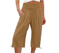 Pantaloni Donna Estivi Cotone E Lino Larghi Comodi Pinocchietti Elegante Leggeri 3/4 Cropped Bermuda con Tasca Vita Alta Capri Casual Sportivi Tuta Pantalone Estivo Jogger Pants