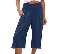 Pantaloni Donna Estivi Cotone E Lino Larghi Comodi Pinocchietti Elegante Leggeri 3/4 Cropped Bermuda con Tasca Vita Alta Capri Casual Sportivi Tuta Pantalone Estivo Jogger Pants