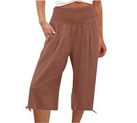 Pantaloni Donna Estivi Cotone E Lino Larghi Comodi Pinocchietti Elegante Leggeri 3/4 Cropped Bermuda con Tasca Vita Alta Capri Casual Sportivi Tuta Pantalone Estivo Jogger Pants