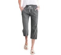 Pantaloni Donna Estivi Larghi Comodi Cotone E Lino 3/4 Leggeri Pinocchietti Elegante Capri Bermuda Casual con Tasca Cropped Vita Alta Pantalone Sportivi Tuta Coulisse Regolabile Yoga Jogger Dritta