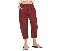 Pantaloni Donna Estivi Larghi Cotone E Lino Comodi Pinocchietti Elegante Leggeri 3/4 con Tasca Cropped Casual Bermuda Capri Vita Alta Pantalone Coulisse Regolabile Tuta Sportivi Pants Yoga Estivo