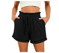 Pantaloni Donna Lino, Pantaloncini Donna Taglie Forti, Pantaloncini Larghi A Gamba Larga con Tasca A Vita Alta Tinta Unita Primavera Ed Estate Moda Donna (2) (Black L)