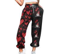 Pantaloni Donna Moda San Valentino Stampa Cuore Orlo Felpa Tasche Alta Vita Sportivi Palestra Fit Jogger per Stile Romantico e Giovane(Black, XXL)