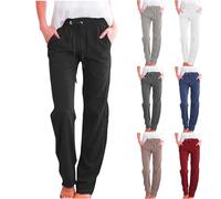 Pantaloni Donna Pantalone Lino Donna Estivi Larghi Elastico Eleganti Pantaloni Gamba Dritta Tinta Unita Casual da Spiaggia Leggeri Comodi con Tasche Coulisse am AZO-n Offerte del Giorno