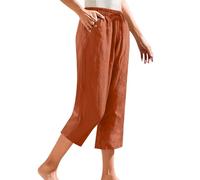 Pantaloni dritti casual da donna - Pantaloni da donna in cotone lino, pantaloni a vita elastica corsara, tinta unita, pantaloni aderenti, con coulisse, pantaloni con due tasche, arancione, XL