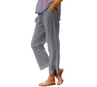 Pantaloni dritti da donna, con bottoni, pantaloni chic ed eleganti, pantaloni casual con tasche, taglio cotone e lino, multiuso, semplice gamba dritta, tinta unita, pantaloni Scrunch, grigio, M