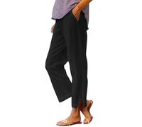 Pantaloni dritti da donna, con bottoni, pantaloni chic ed eleganti, pantaloni casual con tasche, taglio cotone e lino, multiuso, semplice gamba dritta, tinta unita, pantaloni Scrunch, Nero , M
