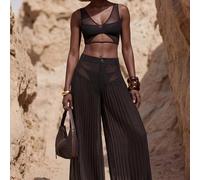 Pantaloni eleganti a gamba ampia neri con tessuto in chiffon trasparente a patchwork e design plissettato, ultima per vacanze e spiaggia 2026 L,M,S,XLColore unicoChiffon