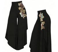 Pantaloni eleganti da donna in vita alta con orlo irregolare e gamba ampia, con ricamo floreale con paillettes, pantaloni casual ampi e fluidi adatti per la danza e l'uso quotidiano L,M,S,XLPianteTess