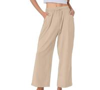 Pantaloni estivi da donna, a vita alta, in cotone, in lino, comodi, in tinta unita, in mussola, traspiranti, per il tempo libero, vita elasticizzata, con coulisse e tasche, S-5Xl, beige., 4XL