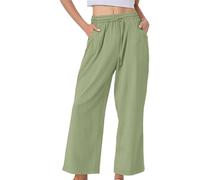 Pantaloni estivi da donna, a vita alta, in cotone, in lino, comodi, in tinta unita, in mussola, traspiranti, per il tempo libero, vita elasticizzata, con coulisse e tasche, S-5Xl, Verde 1, S