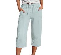 Pantaloni estivi da donna bellissimi oversize ariosi con coulisse per le donne resort sport plaid check scuro elastico ampio cargo, Azzurro, M
