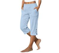 Pantaloni estivi da donna in lino, a 3/4, leggeri, eleganti, in tinta unita, capri, da spiaggia, comodi pantaloni per il tempo libero, con tasche, R cielo blu, XS