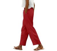 Pantaloni estivi da donna in lino, a vita alta, in mussola, traspiranti, tinta unita, leggeri, ad asciugatura rapida, per il tempo libero, con coulisse e tasche, S-3Xl, Colore: rosso, L