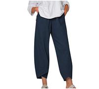 Pantaloni estivi da donna, in lino, leggeri, eleganti, per il tempo libero, in lino, per donne, taglie forti, da spiaggia, da spiaggia, Blu mare, XXXXL