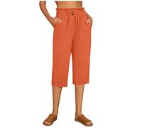 Pantaloni estivi da donna, leggeri, 7/8, estivi, al ginocchio, lunghezza al ginocchio, in lino, a gamba larga, estivi, corti, tinta unita, in cotone, in lino, casual, in tessuto, Colore: arancione., S