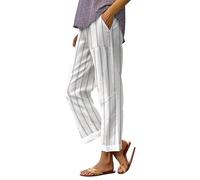 Pantaloni estivi da donna, leggeri e ariosi, da donna, in lino, estivi, 7/8, a vita alta, classici a righe, Capri elastici, per il tempo libero, pantaloni casual